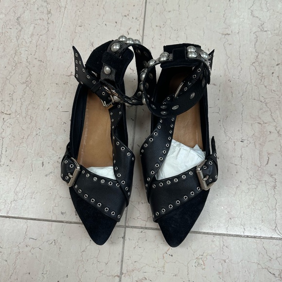 Isabel Marant Black Suede Eyelet Studded Ankle Wrap Linzy Flats - Picture 6 of 16